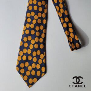 CHANEL Men's Vintage Tie 100% Silk Made in Italy Navy Blue & Yellow Dots